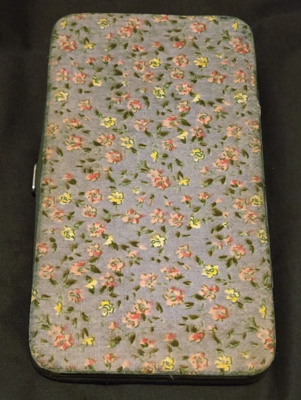 Vintage Corduroy Blue Peace Floral Hard Case Wallet 7 x 3.75 x .5
